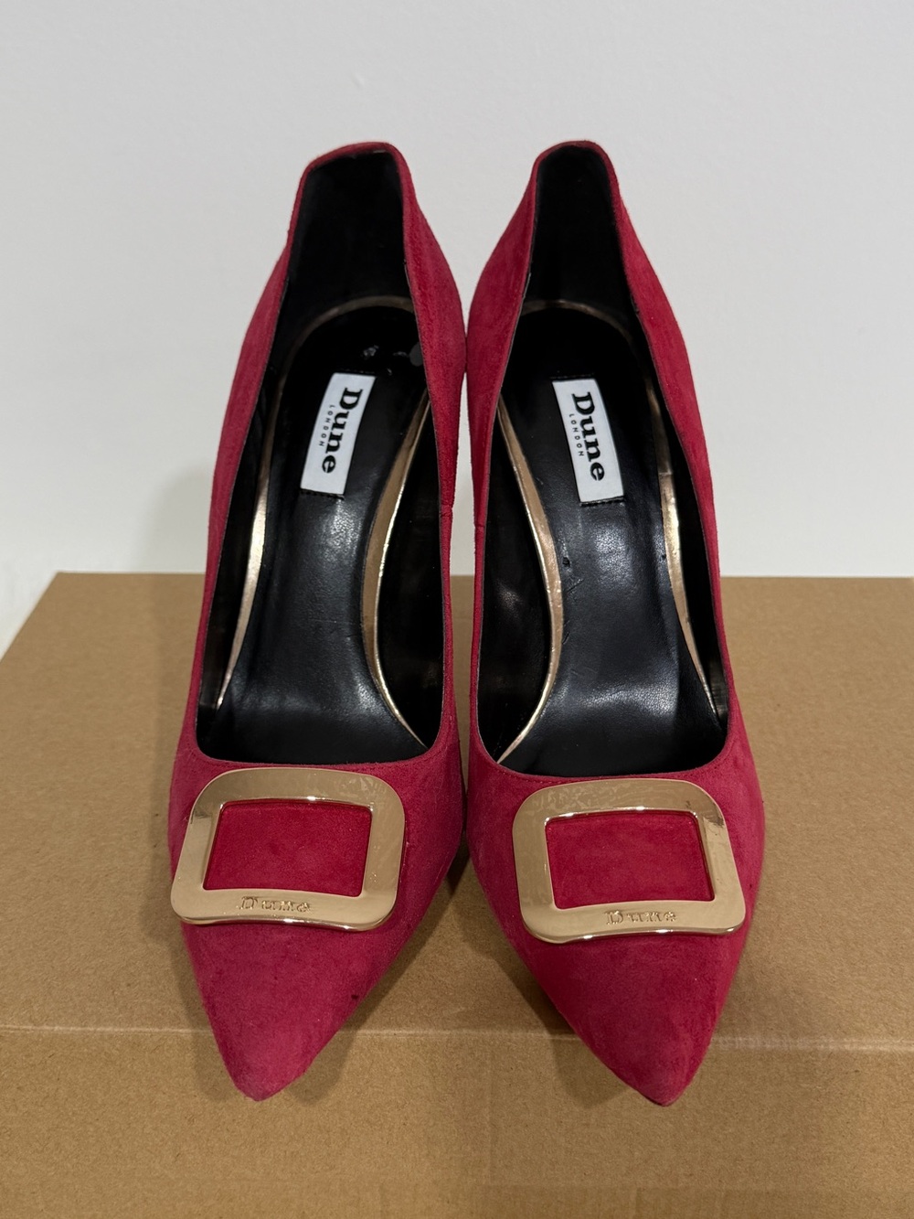 Dune London Burgundy Suede Pointed Pumps with Gold Buckle Ladies